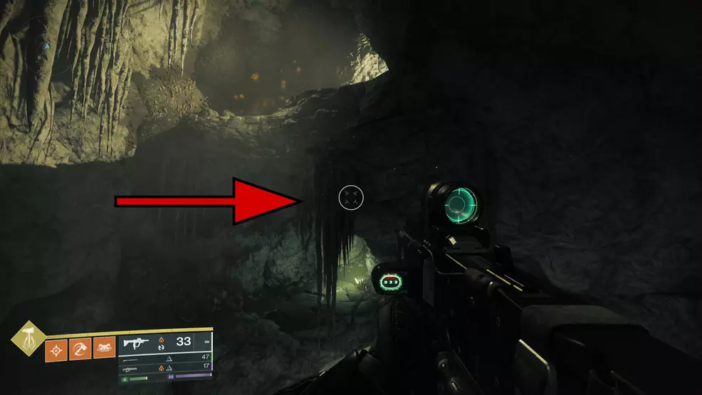 A set of shadowy stalagtites in the Oblation: Bloodline Exotic Mission in Destiny 2.