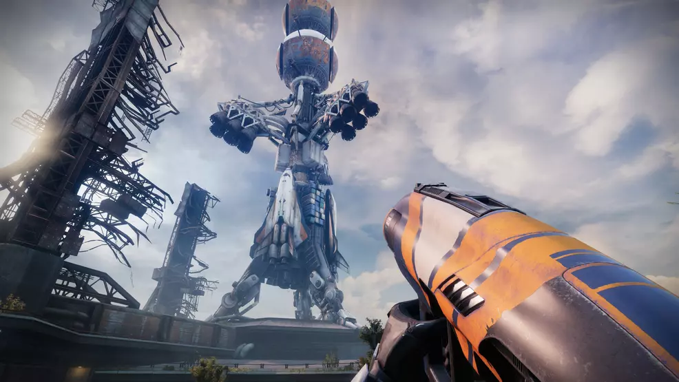 Holding an Ouster Engine in the Cosmodrome in Destiny 2.