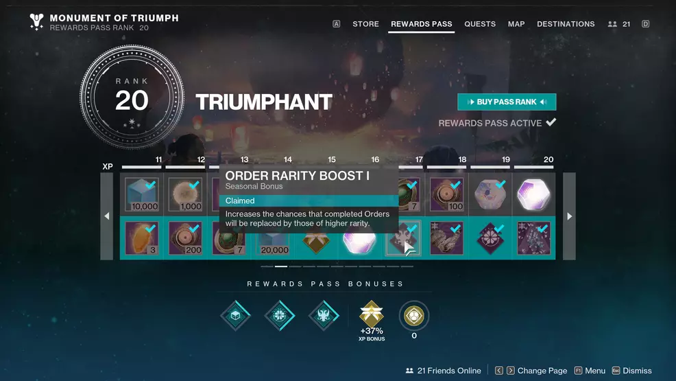 An Order rarity upgrade on the Rewards Pass in Destiny 2.
