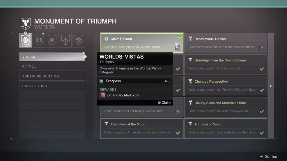 The Complete Triumph in the Worlds: Vistas section in Destiny 2