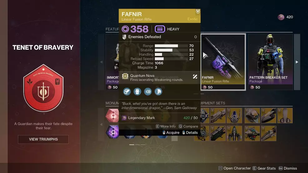 The Tenet of Bravery rewards in Destiny 2