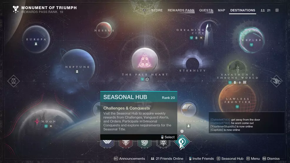 The Seasonal Hub Director button in Destiny 2.