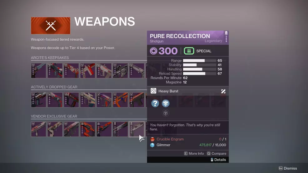Purchasing a Pure Recollection Shotgun in Destiny 2.