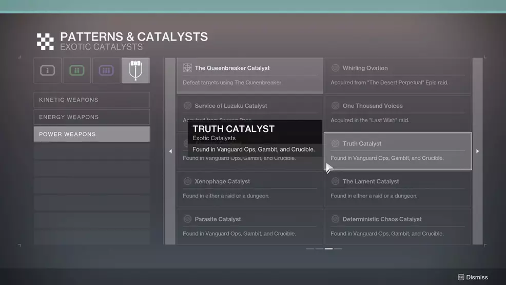 The page showing the Truth Catalyst unlock source in Desitny 2.