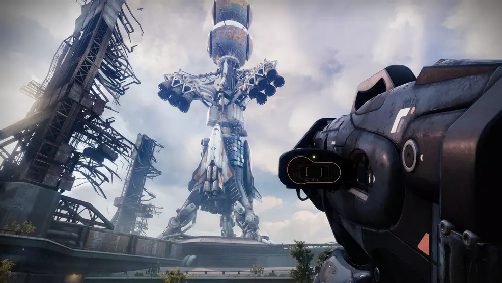 A Guardian holding the Truth Rocket Launcher on the Cosmodrome in Destiny 2.Desti