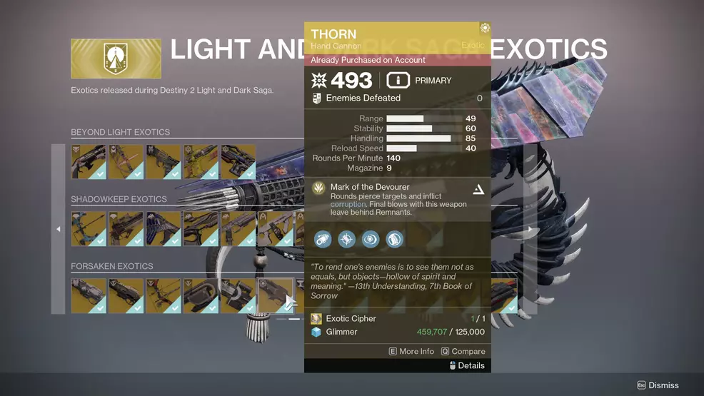 Buying the Thorn at the Monument to Lost Lights in Destiny 2.
