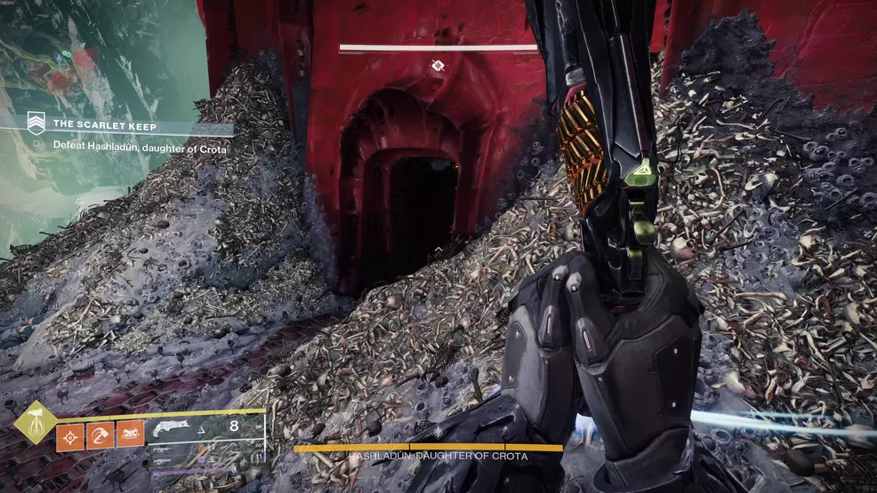 A hidden door at the back of the Scarlet Keep in Destiny 22.