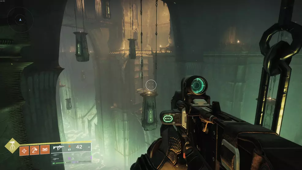 A large room filled with hanging sarcophagi in the Oblation: Soulfed Exotic mission in Destiny 2.