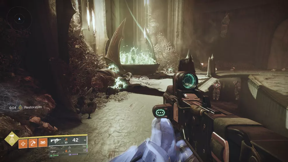 A soulfire brazier surrounded by worms in the Oblation: Soulfed Exotic mission in Destiny 2.