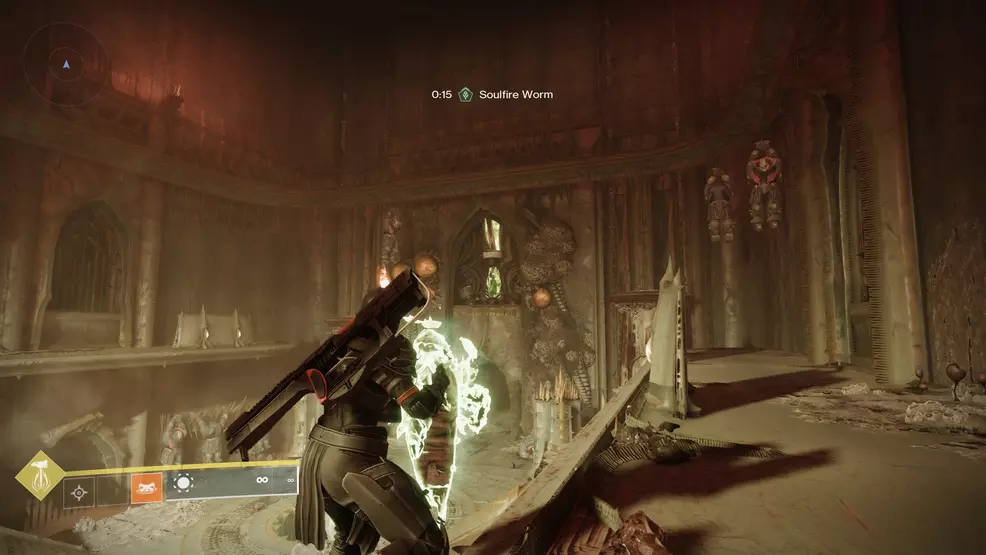 A soulfire crystal above a doorway in the Oblation: Soulfed Exotic mission in Destiny 2.