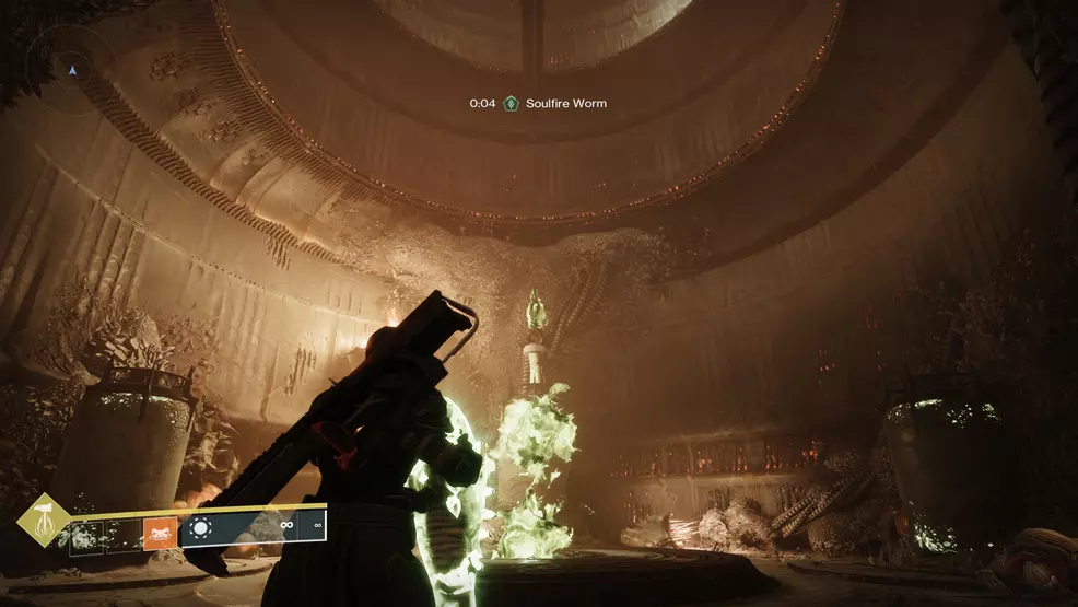 A soulfire crystal above a gout of flame in the Oblation: Soulfed Exotic mission in Destiny 2.