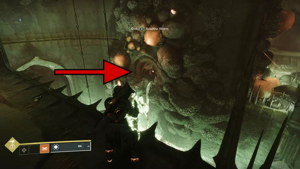 A small cave that leads to a soulfire crystasl in the Oblation: Soulfed Exotic mission in Destiny 2.