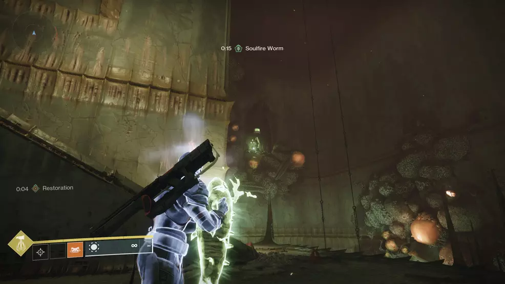 A soulfire crystal set in the far wall of a puzzle space in the Oblation: Soulfed Exotic mission in Destiny 2.