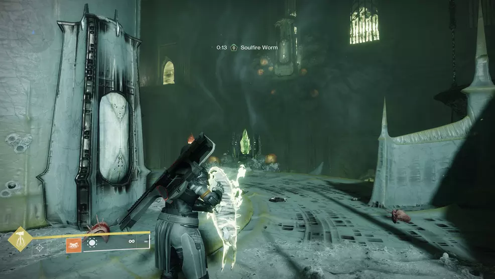 A soulfire crystal on the main platform of a puzzle room in the Oblation: Soulfed Exotic mission in Destiny 2.