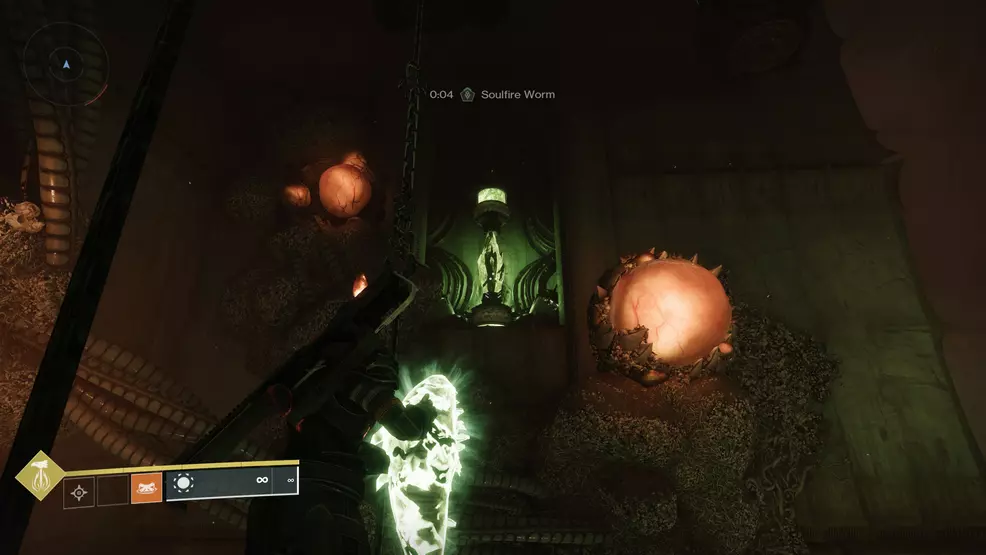 A soulfire crystal near a pipe in the Oblation: Soulfed Exotic mission in Destiny 2.