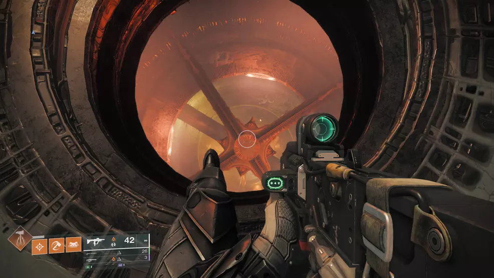 Looking down a hole in the floor in the Oblation: Soulfed Exotic mission in Destiny 2.