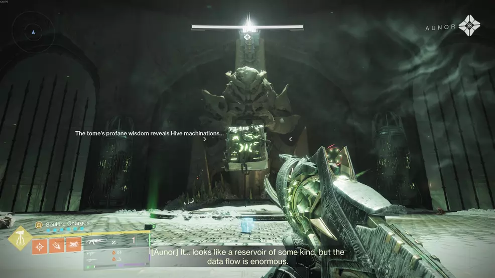 A floating Hive tome at the end of the Oblation: Soulfed Exotic mission in Destiny 2.
