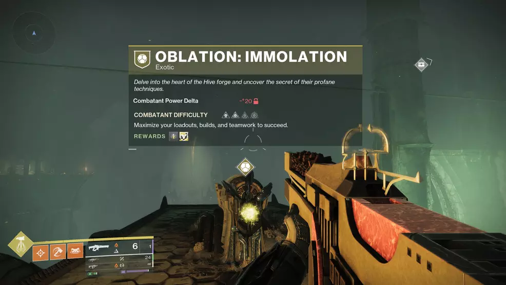 Accessing the Immolation mission in the Oblation: Soulfed Exotic mission in Destiny 2.