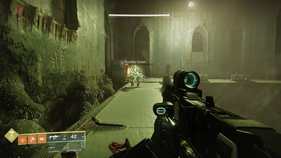 A Soulfire Vessel Knight approaching in the Oblation: Soulfed Exotic mission in Destiny 2.