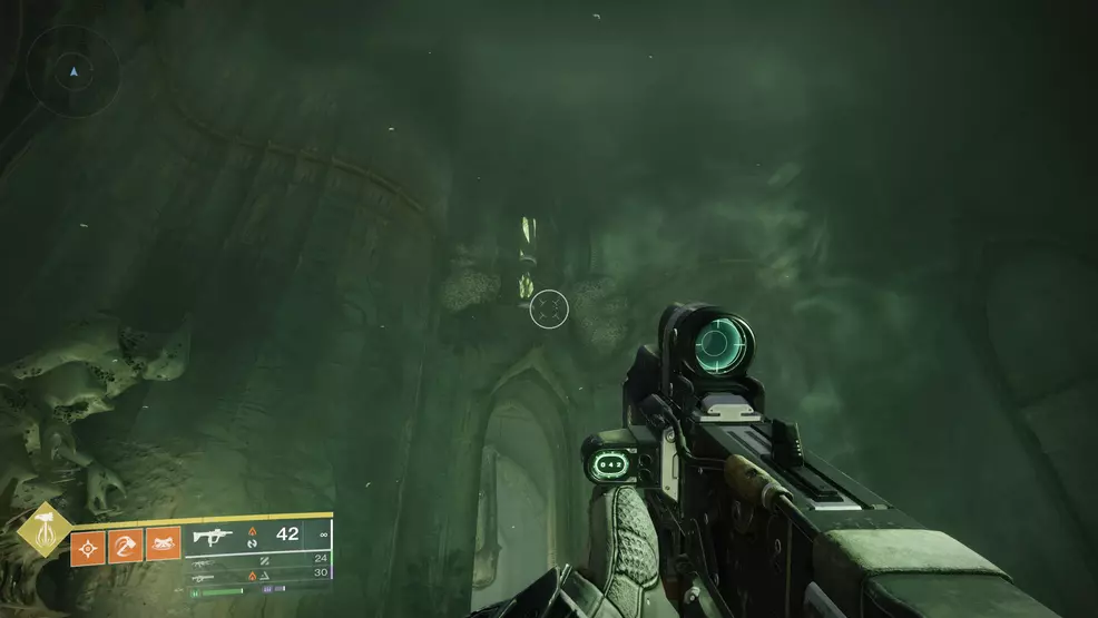 A soulfire crystal high above a door in the Oblation: Soulfed Exotic mission in Destiny 2.