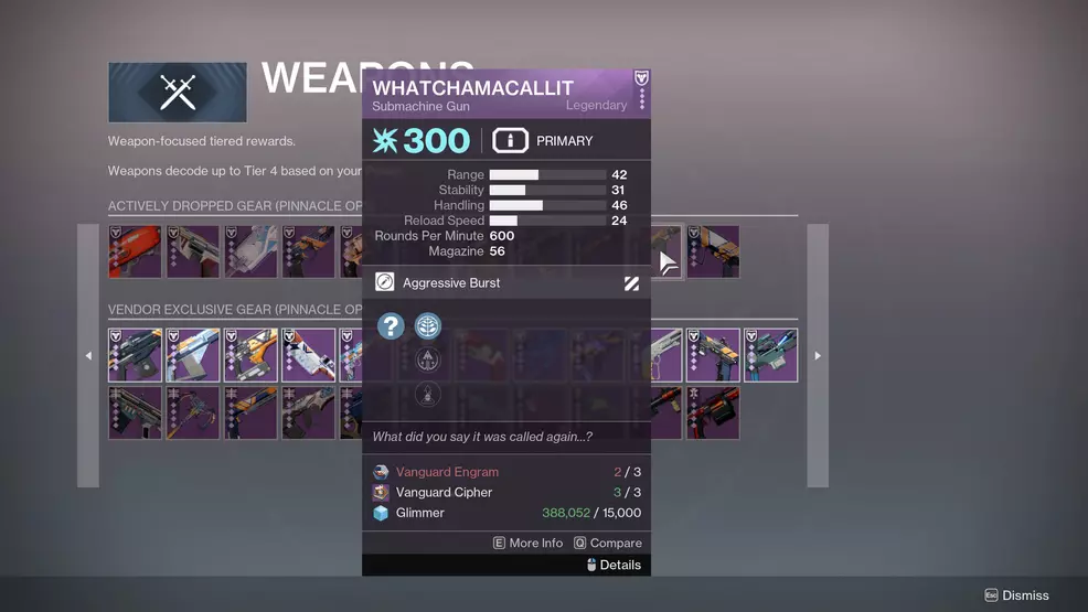 Buying a Whatchamacallit SMG from Zavala in Destiny 2.