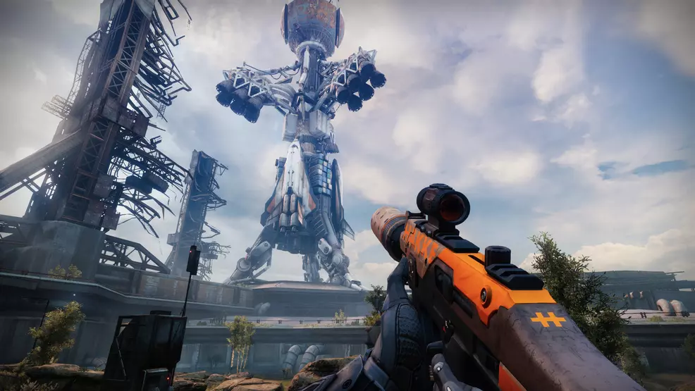 Holding a Whatchamacallit SMG at the Cosmodrome in Destiny 2.