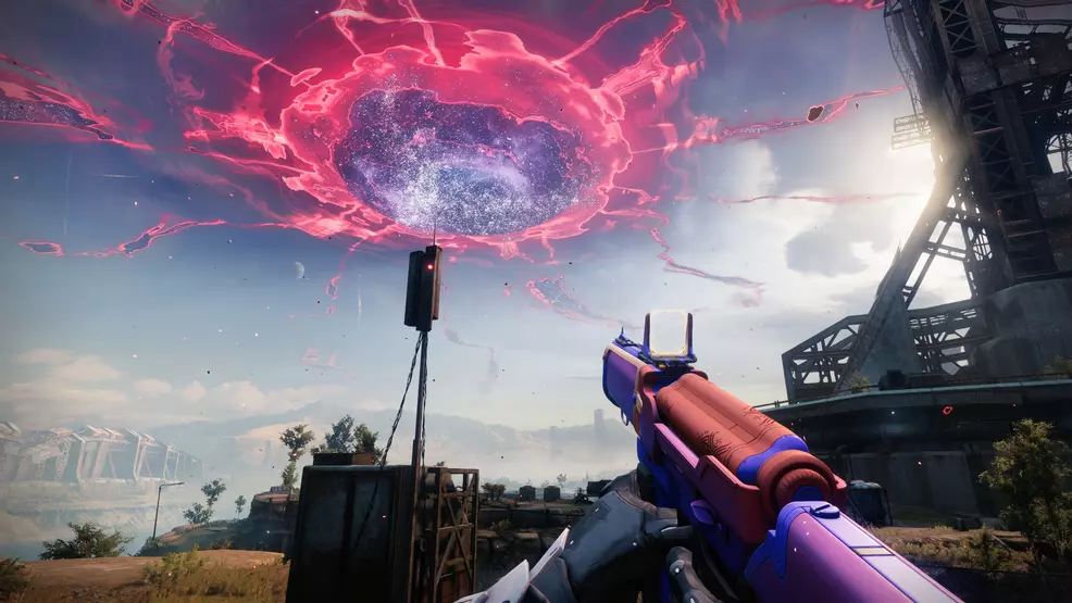 Holding a Yeartide Apex on the Cosmodrome during a Distortion in Destiny 2.
