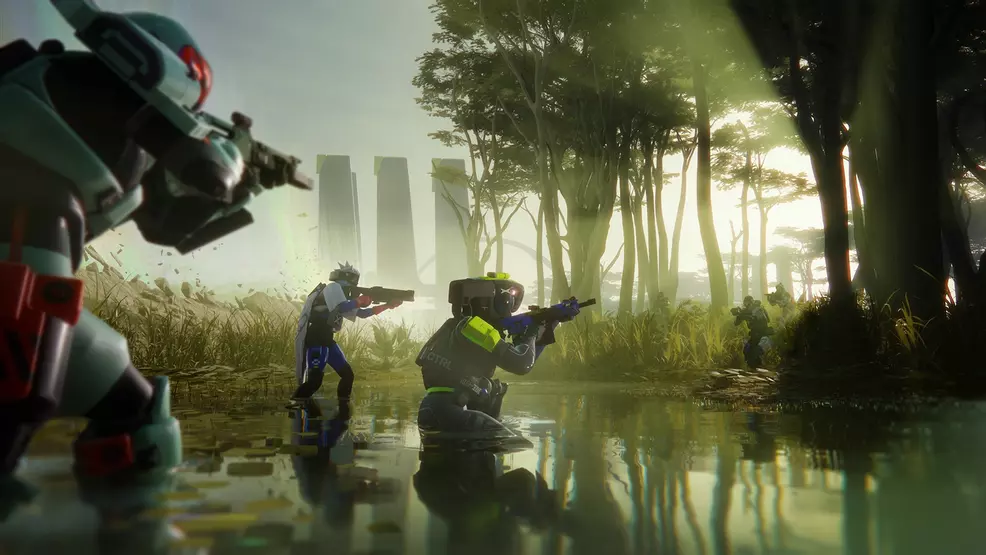 Bungie's Marathon, featuring two operators being surrounded by robots in a swamp.