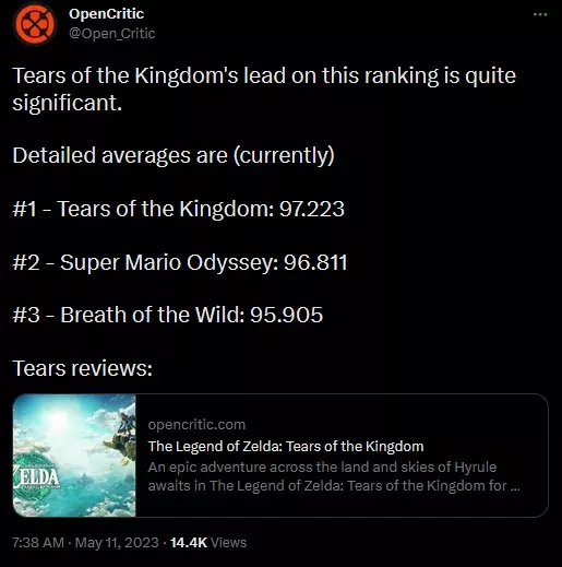 The Legend of Zelda Tears of the Kingdom is now OpenCritic's highest